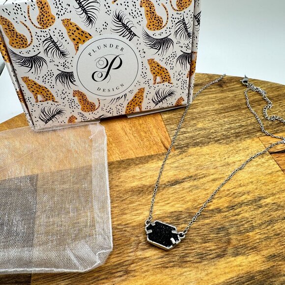 Plunder Design Yvette Hexagon Pendant Necklace Silver Chain With Black Druzy - Picture 1 of 5